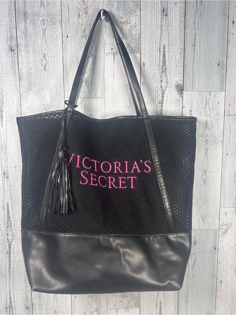 Victoria's Secret Black Mesh Beach Tote Bag Pink Logo Tassel Coquette 15x19x7